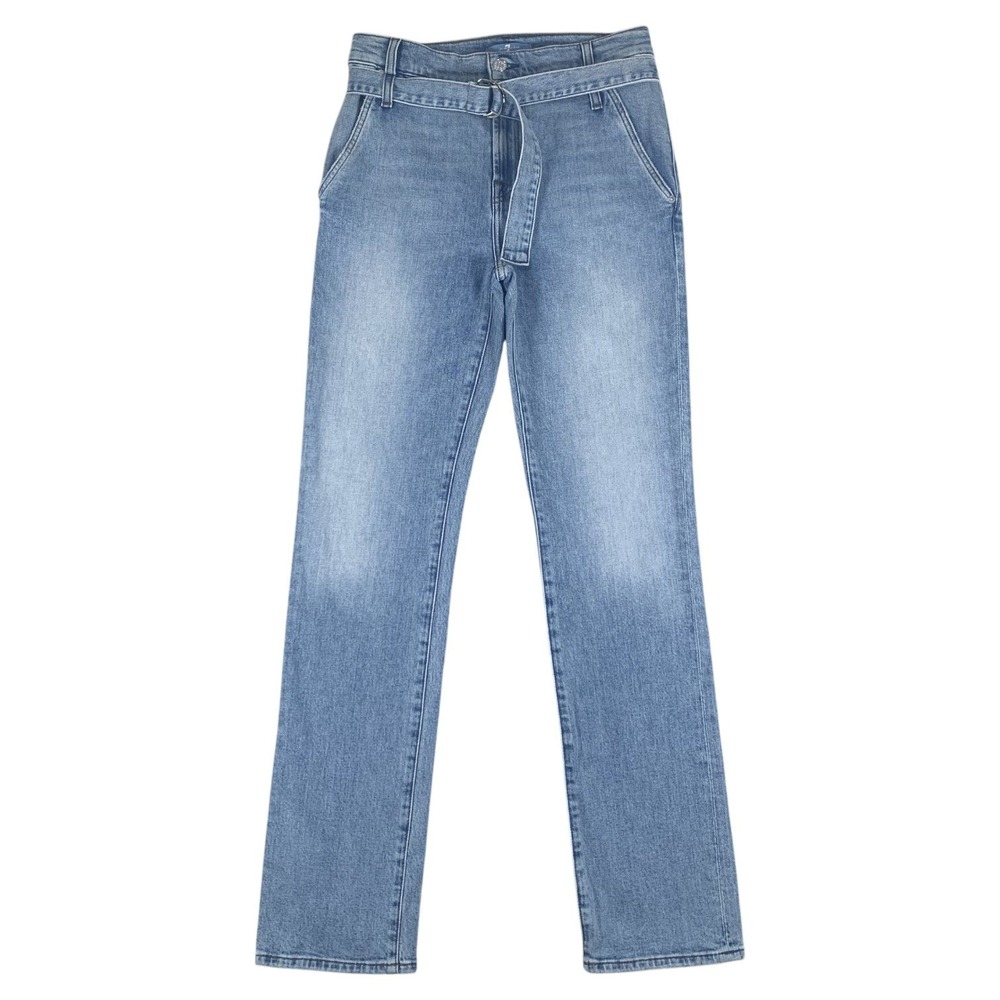 7 For All Mankind Straight Leg Jeans Womens 25 Light Blue Belted‎ High Rise